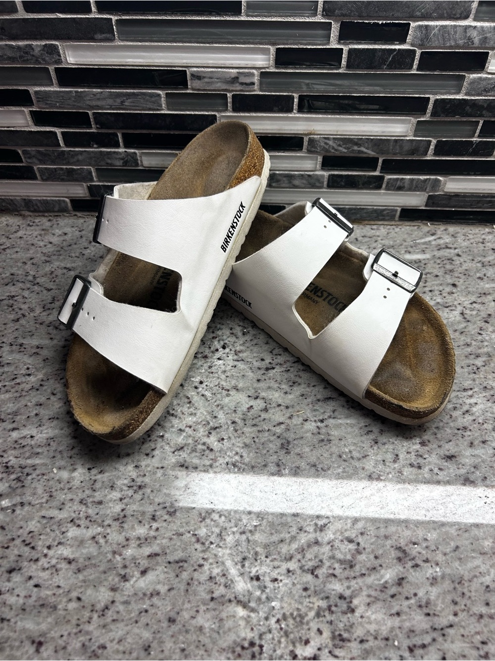 Birkenstock White Leather Double Buckle Sandal size. 7